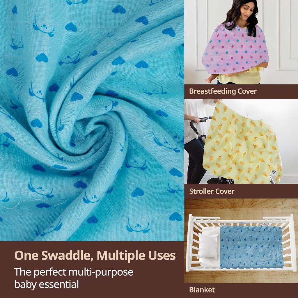 LuvLap 100% Cotton Muslin Baby Swaddle Set, Breathable Newborn Wrap, Soft Dots & Hearts Print, Pack of 3, 120x100cm