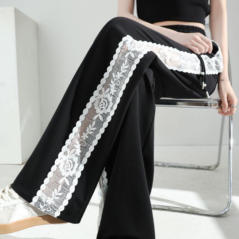 Pantalons d'été fins à jambes larges pour femmes, avec incrustations en dentelle, ajourés, tendance, sportifs, droits, respirants, protection solaire