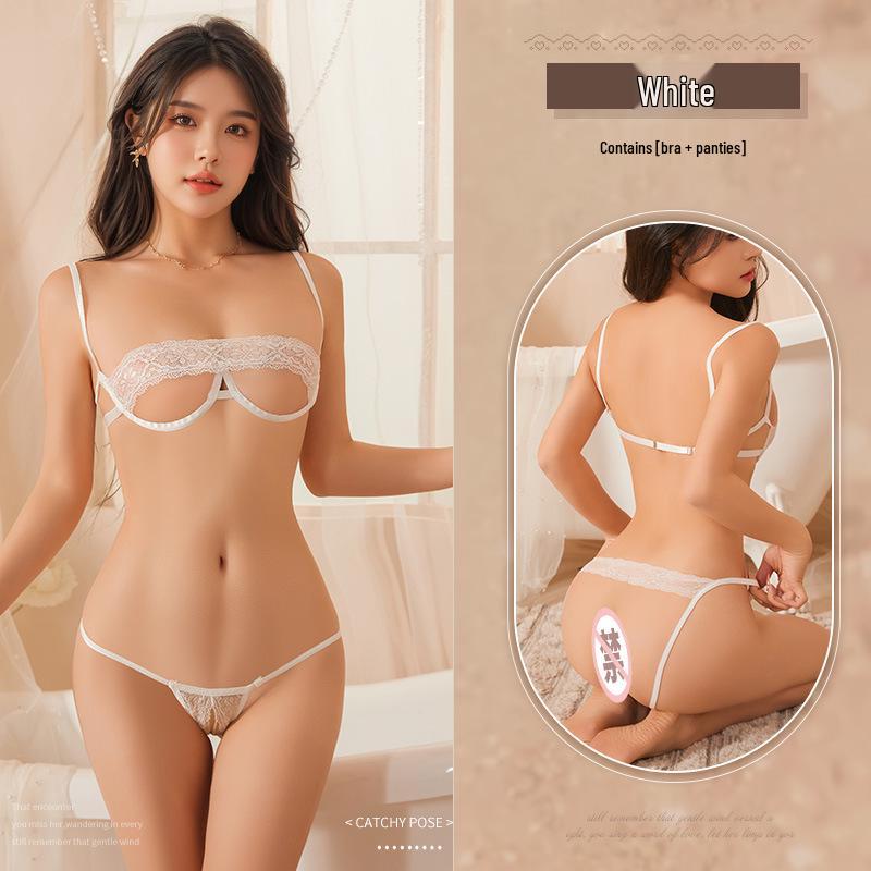 Erotic Lace Underwire Push-Up Lingerie Set with Open Crotch