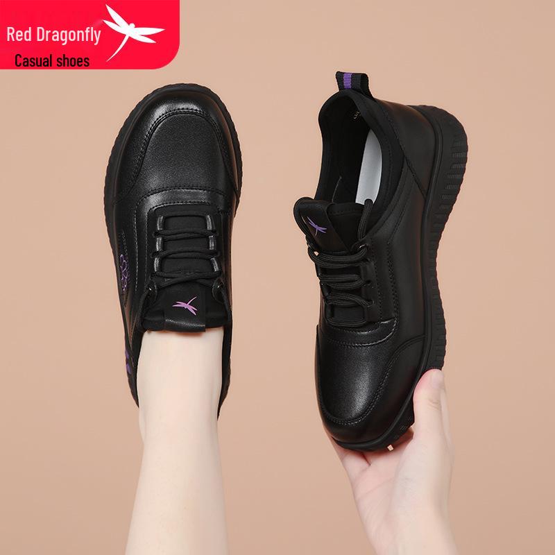 Red Dragonfly Women's Genuine Leather Casual Sports Shoes - Autumn/Winter Warm Plush Cotton Lined Sneakers.