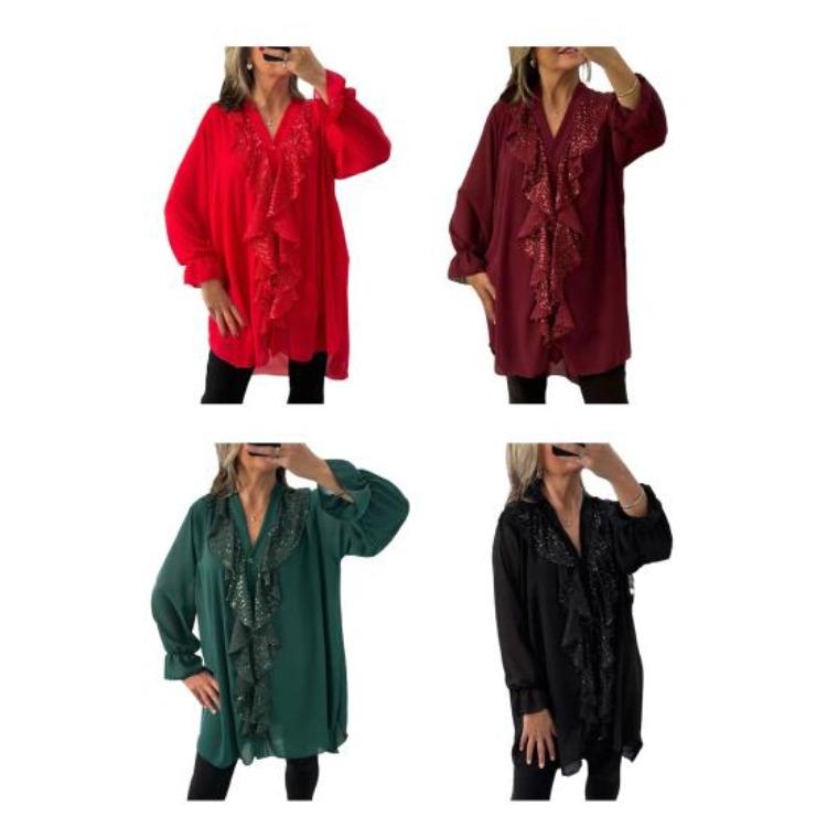 Haut décontracté à manches longues et col en V en mousseline pour femme, bordure à volants, boutonnage simple, coupe ample, couleur unie, coupe régulière