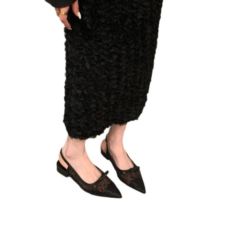 French low-heeled bow bag head sandals fairy shoes 2025 new summer mesh breathable flat-soled single shoes