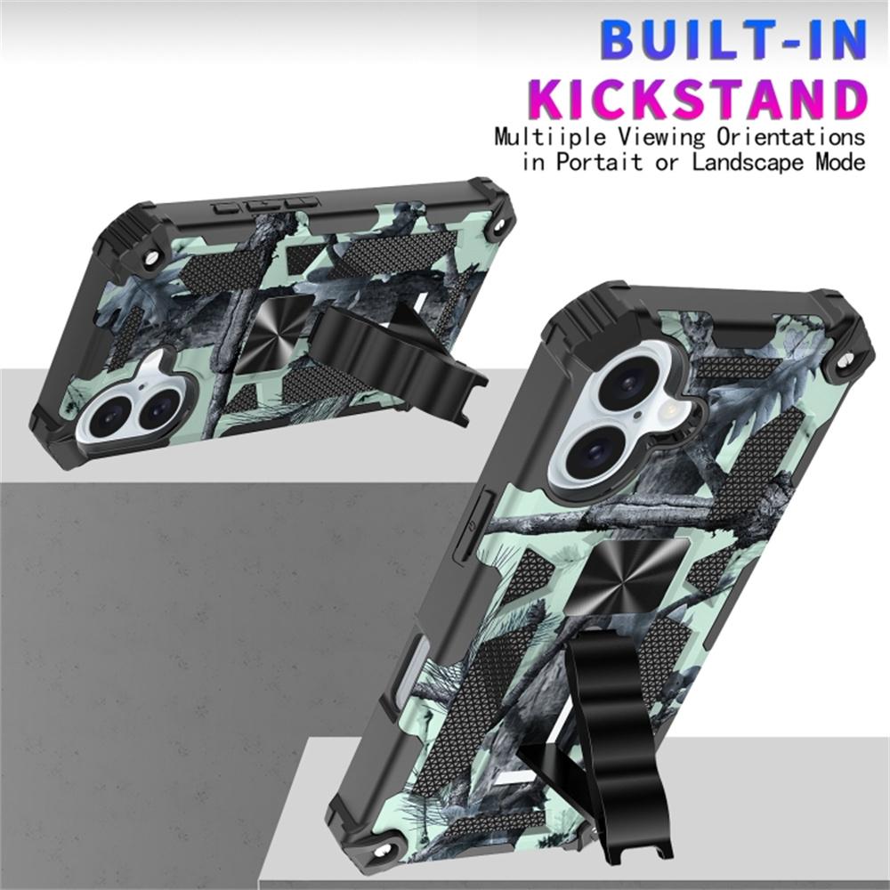 For iPhone 16 Case Kickstand Camouflage Anti-Drop TPU+PC Phone Cover