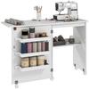 Masă de cusut pliabilă mobilier de cusut cu blat rabatabil cu cutii de depozitare, raft deschis și rotile, alb
