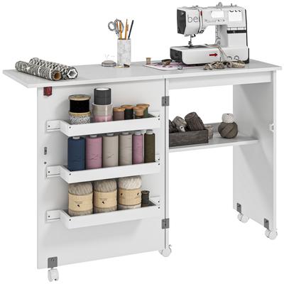 Foldable Sewing Table Sewing Furniture with Flap Top with Storage Bins, Open Shelf and Casters, White
