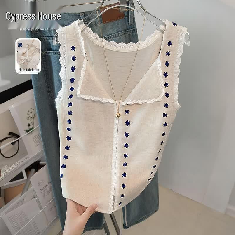 Women s Embroidered Sleeveless Linen Blend Shirt L