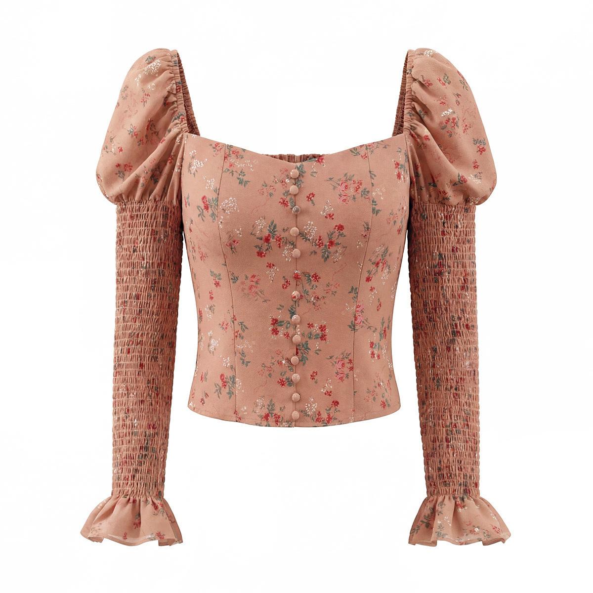 European and American style, new women s clothing, floral printing sexy square collar slim elastic bubble sleeve top S