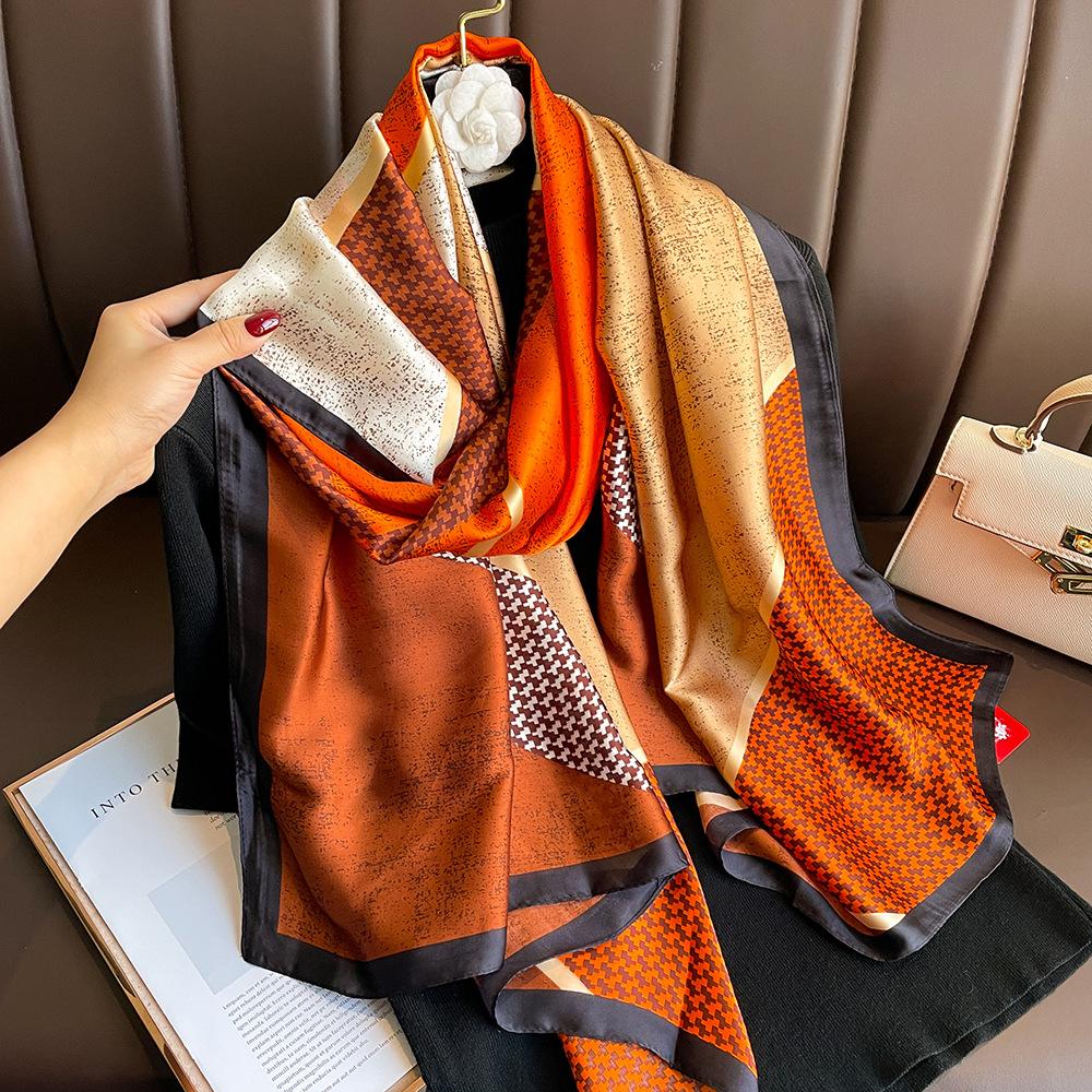 New silk scarf new silk satin printed shawl holiday fashion sunscreen long section simulation silk scarf