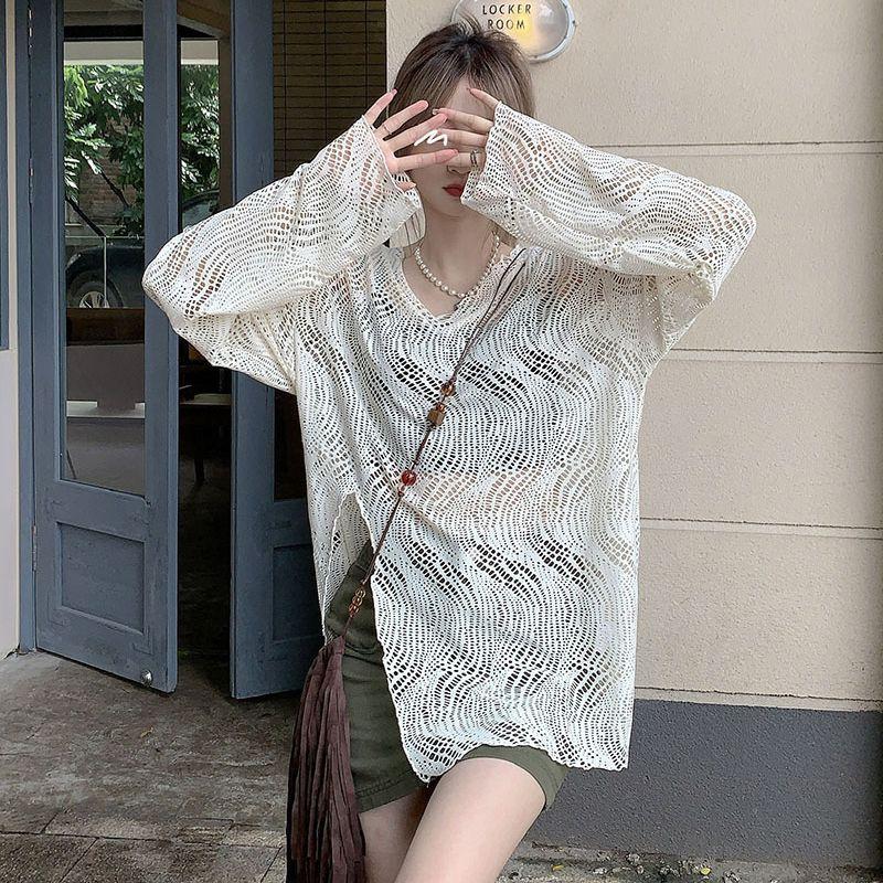 

Тонкая рубашка с V-образным вырезом и длинными рукавами, солнцезащитная, пуловер, сетчатый чехол, женская летняя верхняя одежда, свободный трикотажный топ с разрезом L абрикосовый