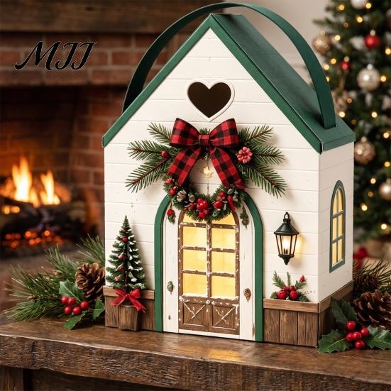 Reusable Seasonal Gift Containers Christmas House Shaped Candy Boxes with Handles, Festive Cottage Winter Holiday Packages Treat for Cookies