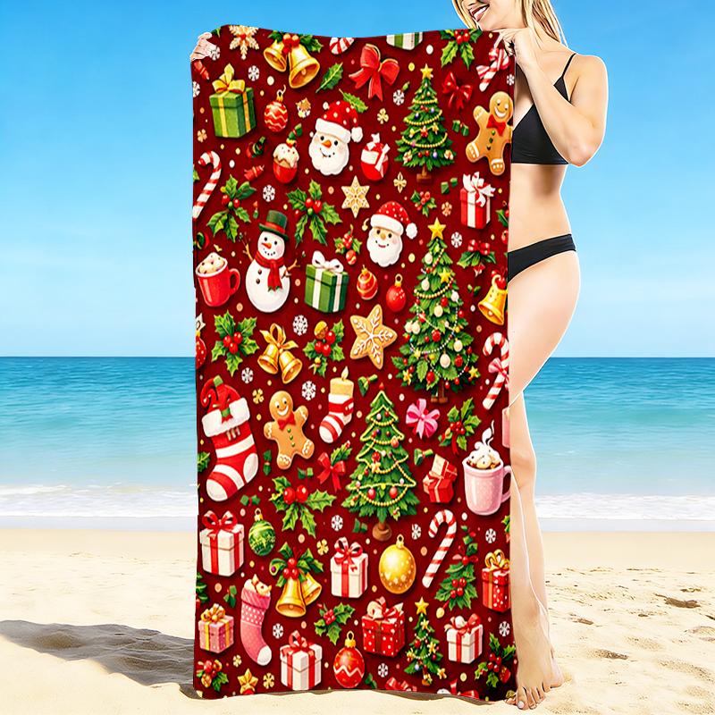 1Pc Christmas Festive Design Beach Towel, Quick Dry, Multi-Use for Beach Pool Gym Yoga Home Travel, Christmas, Halloween, Xmas Gift S357