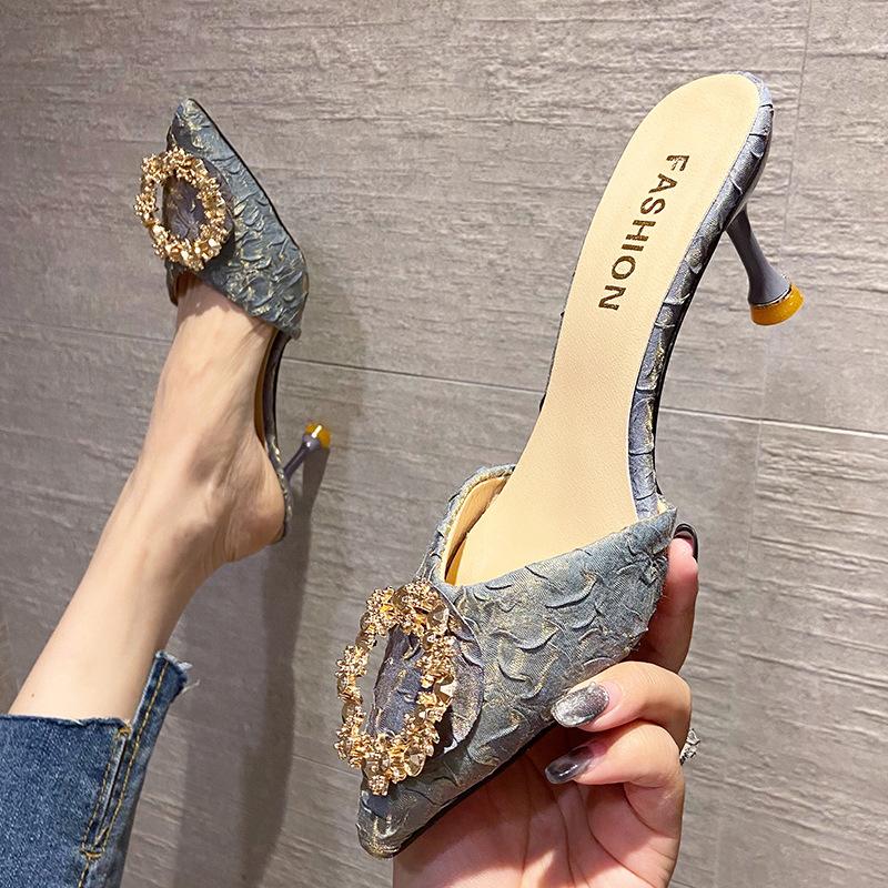 Slippers Women's Summer Wear Half Slippers Women's New French Rhinestone High Heels Thin Heel Bag Head Sandals Black