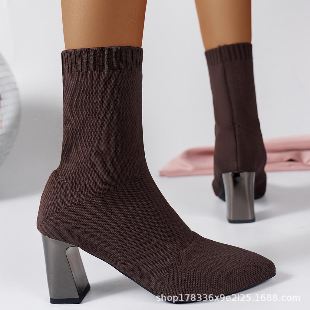 Pointed Toe Boots Women Sexy Knitted Sock Boots Elastic Slip Ons Fashion Casual Versatile High Heels Winter High Heels Women