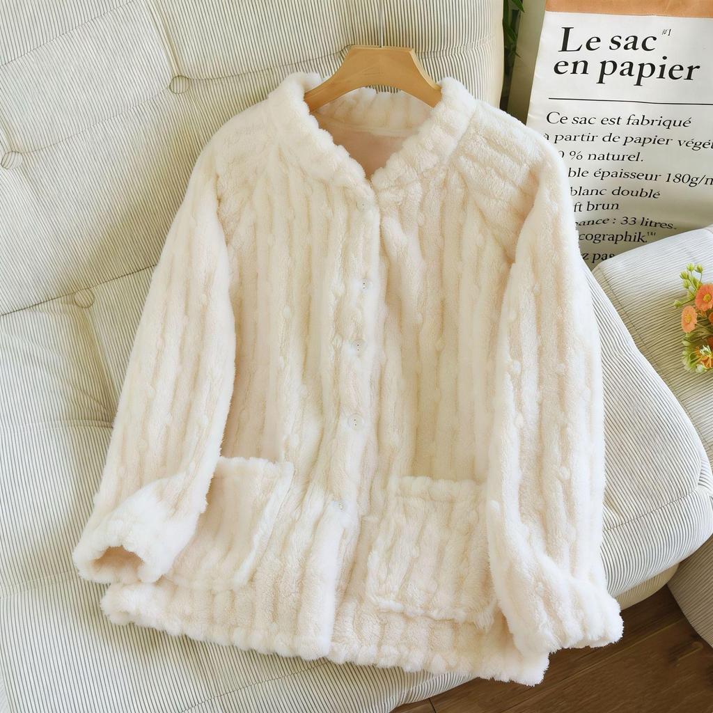 Women's Long Sleeve Coral Fleece Pajama Jacket - Stand Collar Flannel Cardigan