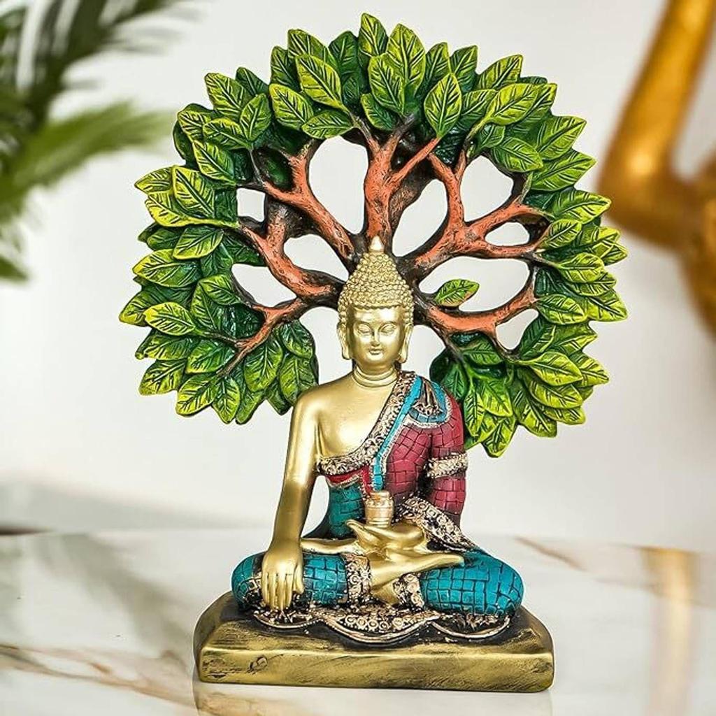 Tree Buddha Statue showpiece Idol Home Decor Items for Living Room and Gifts Decorative Showpiece - 24 cm (Resin, Multicolor)