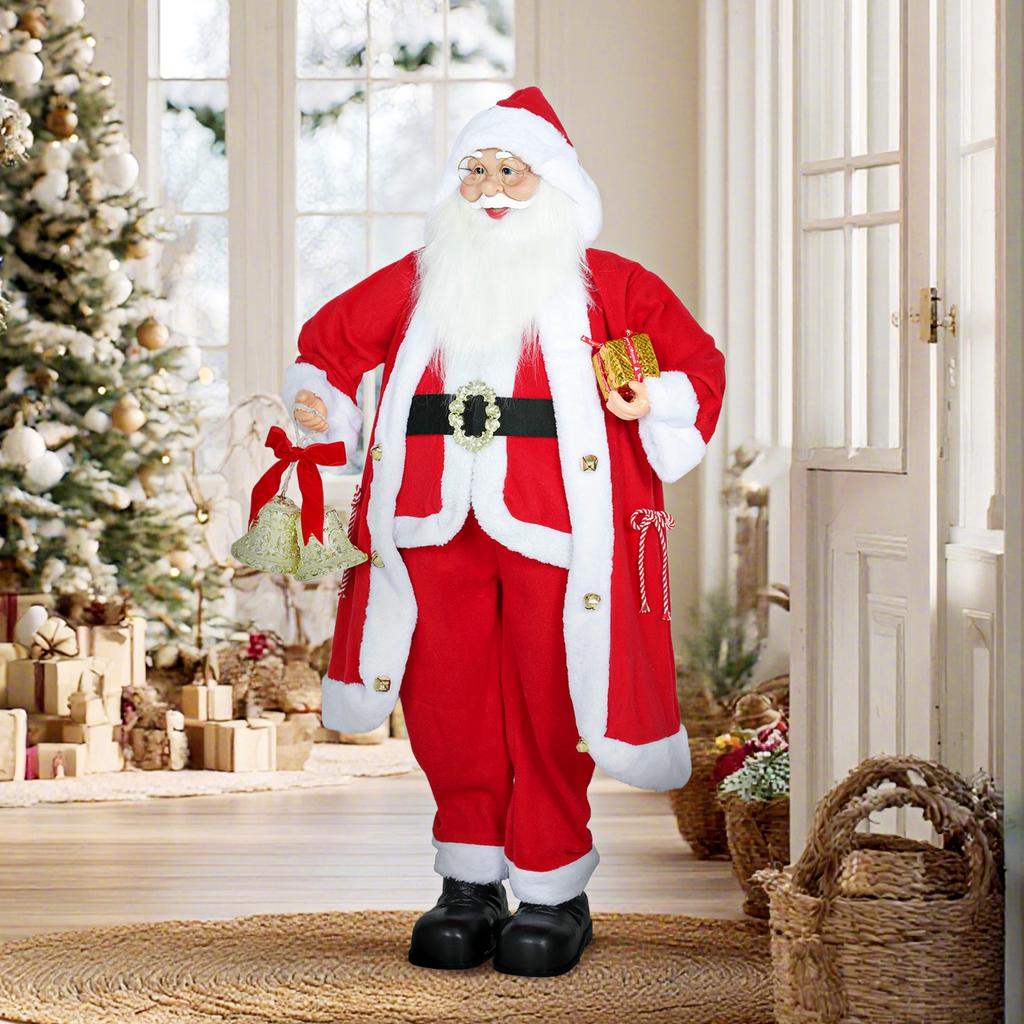 Standing Santa Claus, 1.15 m, with Gift and Christmas Bell, Indoor, Red