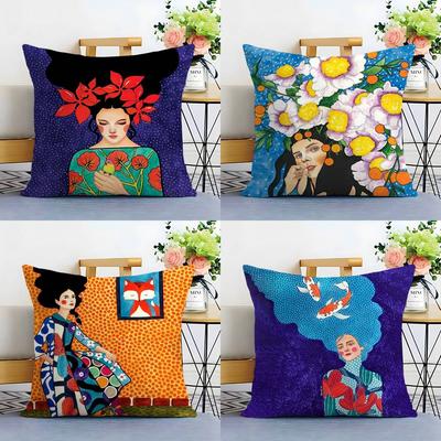 Vintage Abstract Girl Hair Flower Pillow Case Sofa Living Room Bedroom Double-sided Printing Square Cushion Nap Time Pillow Case