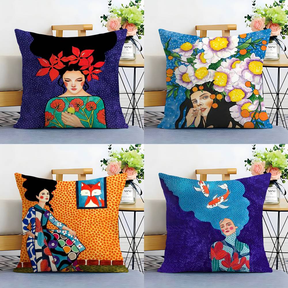 1 Stück Vintage Abstraktes Mädchen Blumen im Haar Kissenbezug Plüschstoff Weich Beidseitiger Druck Sofakissenbezug Dekokissenbezüge