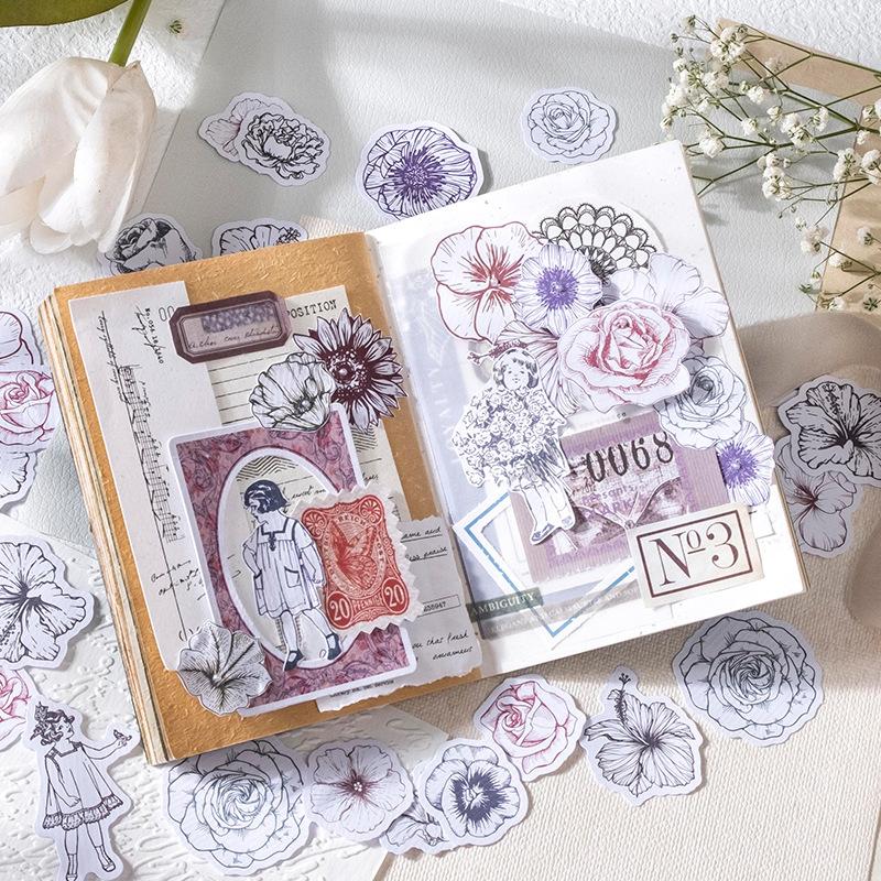 45 st Retro Handmålade Blomsterfigur Bladklistermärken Konstnärlig Akvarellstil Dagbok DIY Dekorationsmaterial