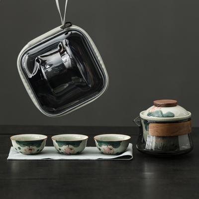 Hand-Painted Ge Kiln Heyun Travel Tea Set Ceramic Kuaike Cup One Pot Three Cups Underglaze Color Portable Tea Set Gifts