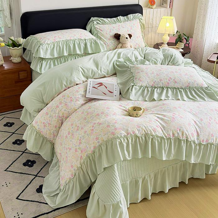 Spring/Summer Washed Cotton Lace Quilt Bedspread Set - 4 Pieces, Machine Washable
