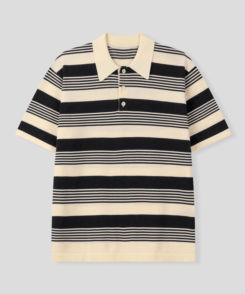 BLACK MOMENT Marine Stripe Oversized Collared Short Sleeve Knit [Black]
