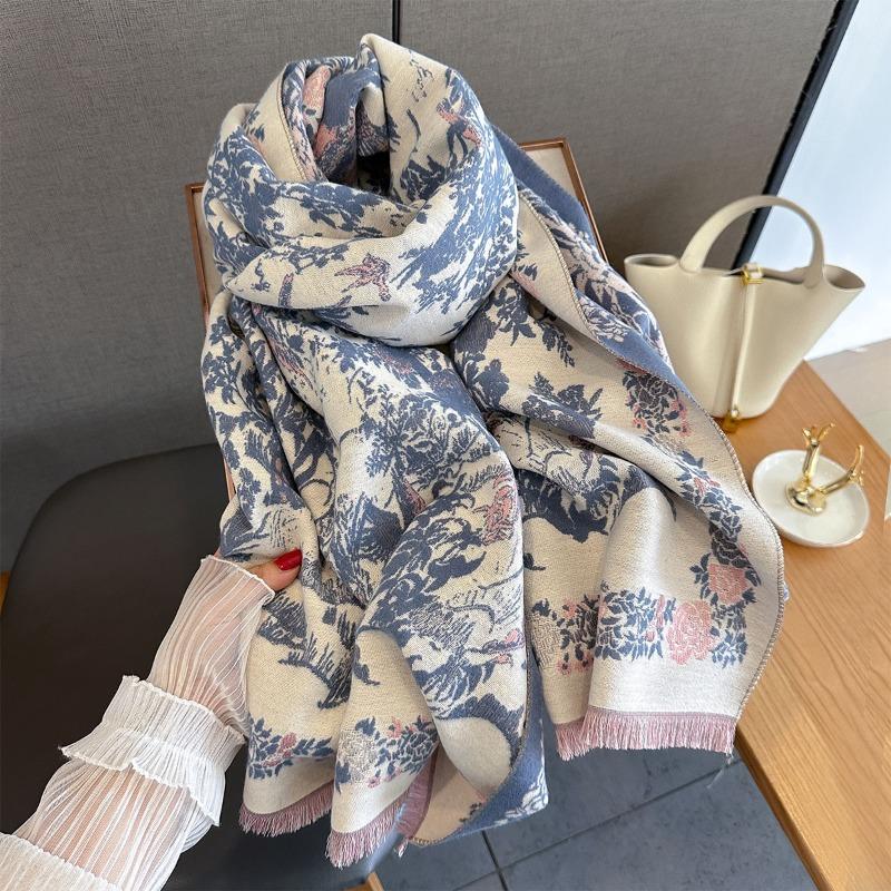 New retro flower and bird printing imitation cashmere autumn and winter warm neck protection scarf versatile fashion atmosphere scarf