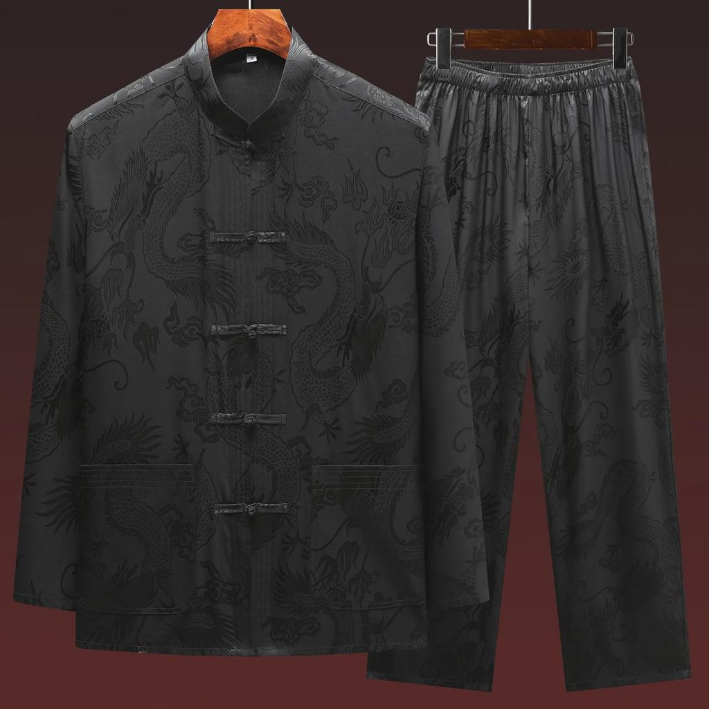 Men's Retro Ice Silk Long-Sleeved Tang Suit for Spring/Summer - Middle-Aged & Elderly Hanfu Tai Chi Outfit