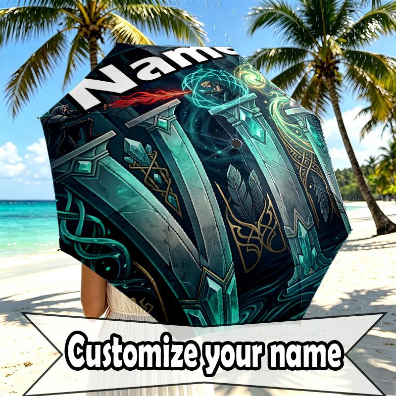 Custom Name Personalized Final Fantasy Print Umbrella, Auto Open Close, 8‑Rib Sturdy Frame, Commute Camping Hiking Use, Birthday Gift