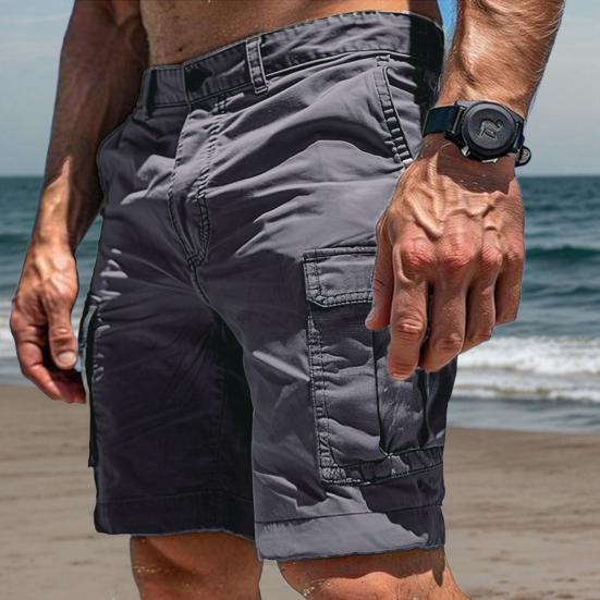 Men Cargo Shorts Mid-rise Button Zipper Fly Casual Shorts with Multi Pockets Solid Color Straight Wide Leg Summer Shorts