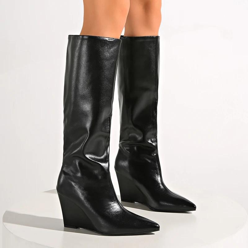 Fashion Fashion Wedge High Heels Long Boots Women Plus Size Pu Leather Knee High Botas Mujer Sexy Punk Black Pointed Toe Boots Woman