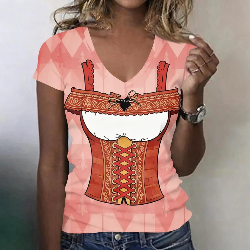 Camiseta casual de manga corta con cuello en V para mujer, top con estampado de Oktoberfest, tejido ligero y suave, ajuste cómodo, para uso diario