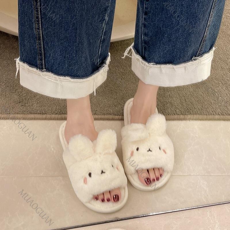 Fashion 2025 Autumn New Home Cartoon Rabbit Cotton Slippers Female Flat Bottom Plush Solid Color Soft Indoor Slides Casual Women's Shoes