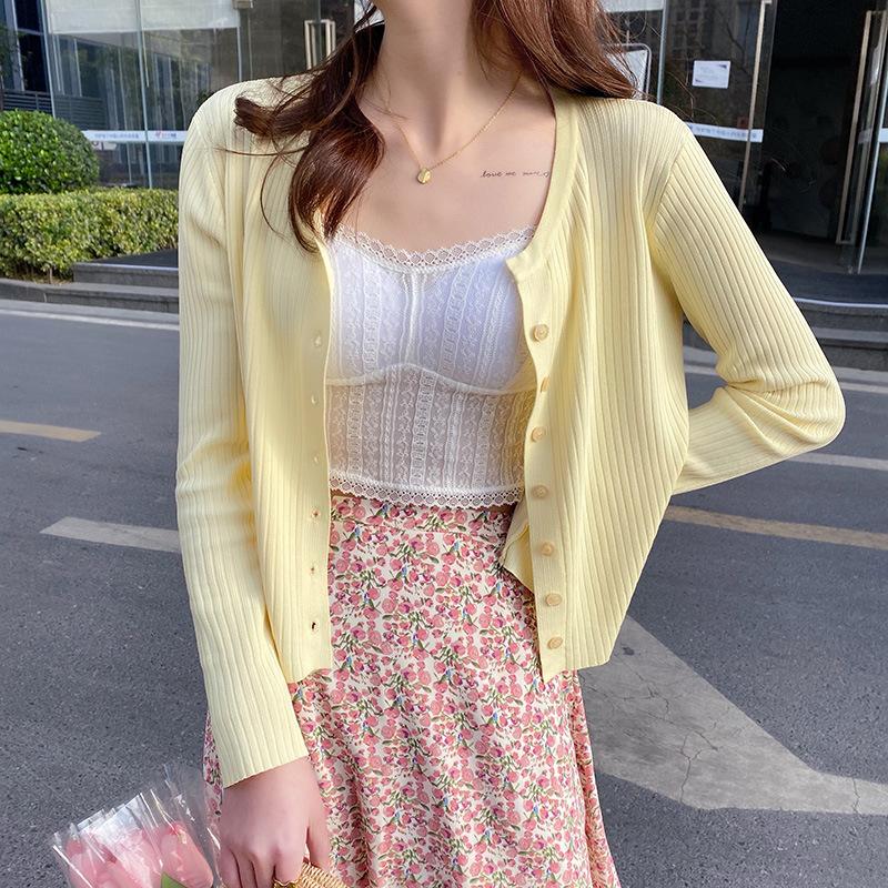 Yellow Cardigan Thin Women Spring Autumn Cropped Ice Silk Knit Sun Protection V Neck Top