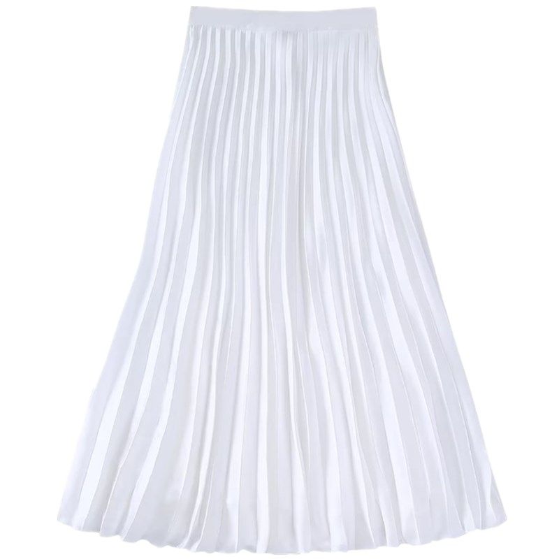 Ur Summer New Style White Silk Satin Pleated Skirt