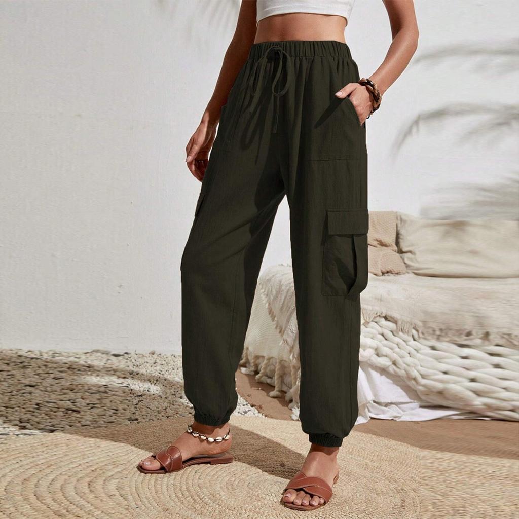 Women's Fashionable Solid Color Elastic Waist Pocket Versatile Casual Work Pants