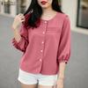 Women Casual Round Neck Solid Color 3/4 Sleeve Blouse