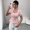Square Neck Summer Women Floral Sweet Women Blouse Puff Sleeve Elegant Tops Slim Fit Fashion Casual Single-breasted Short Shirts for Women