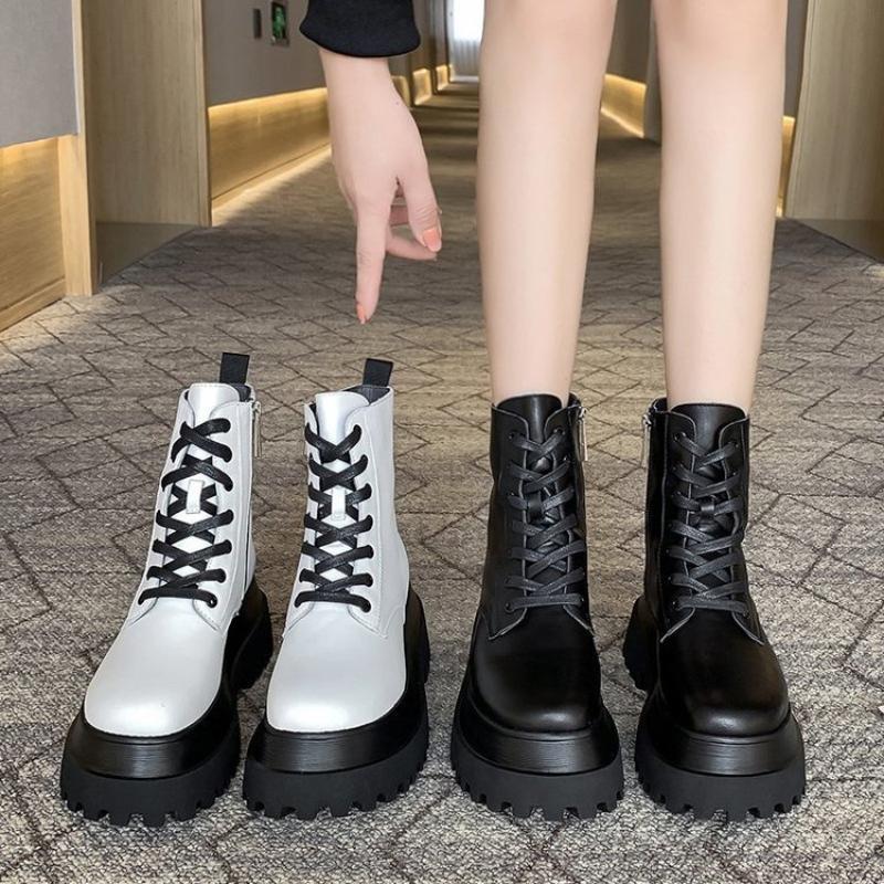 Short Boots Women's Winter Solid Color Thin Single Woman Breathable Platform Increased Motorcycle Boots Autumn Fashion Black