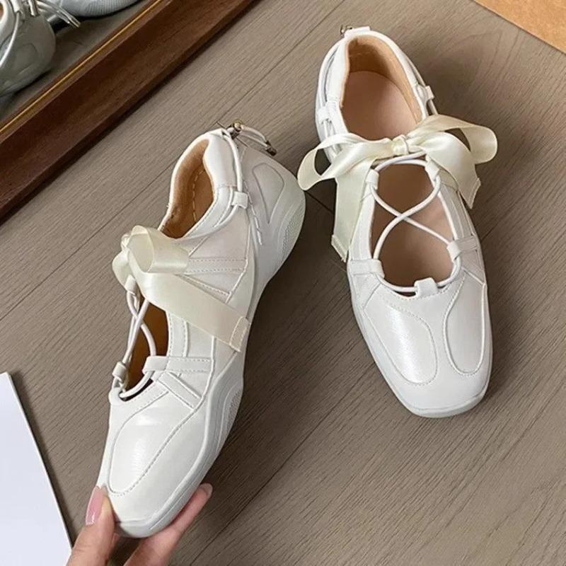 Leather Version Small Fashionable Ballet Style Casual Sports Shoes Women Thick Bottomed Mary Janes Silver Color with Bow Tie