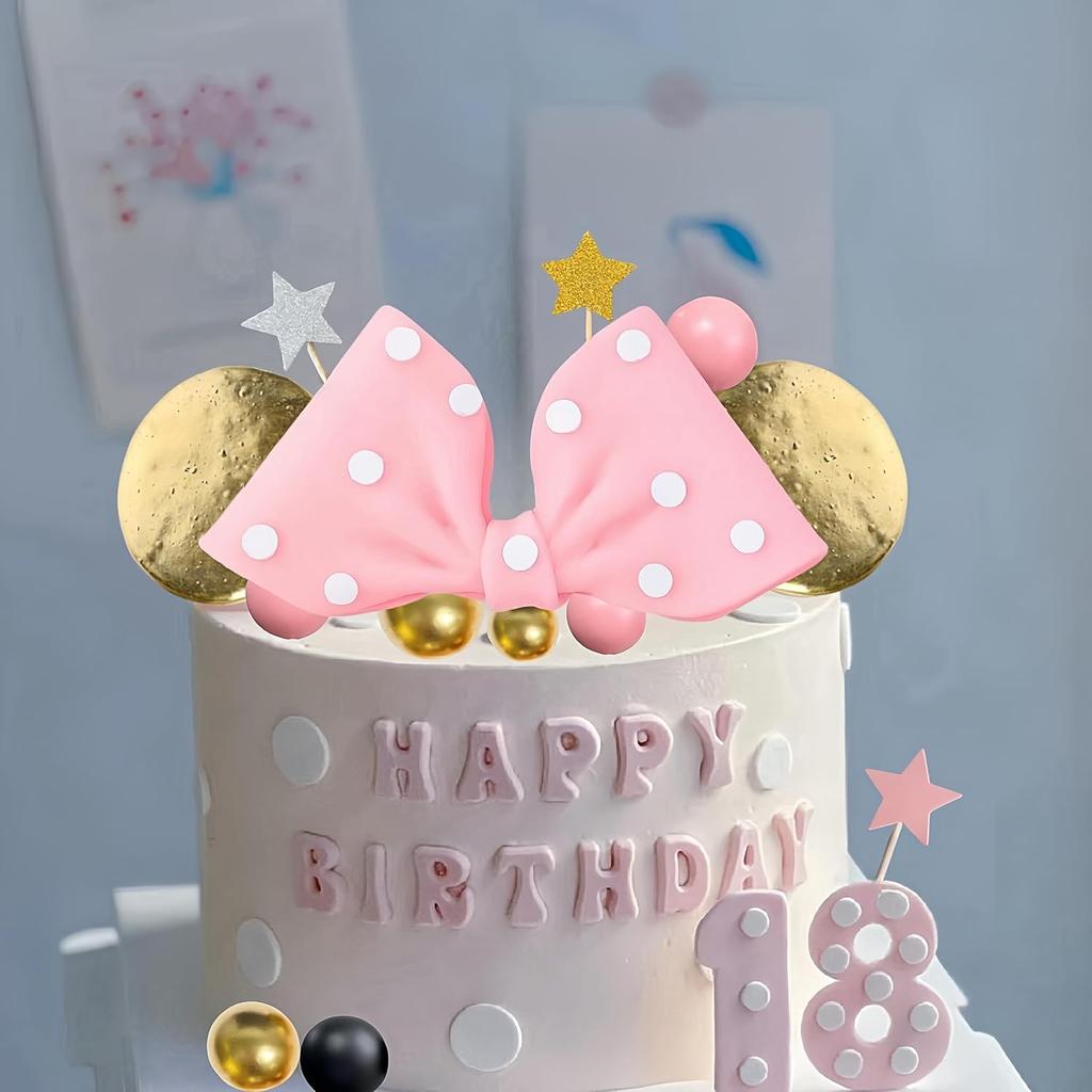 Cartoon Cake Decoration Pink Bow Cake Topper Bow Tie Cake Topper Bow Ears Stars Birthday Party Supplies