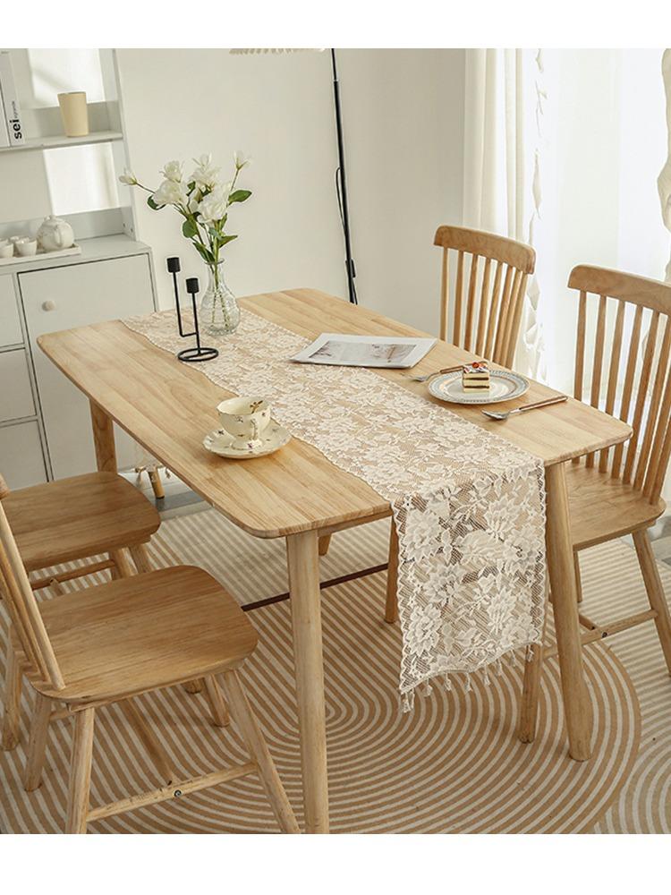 Vintage American Style Crochet Hollow Linen Lace Table Runner with Tassels | Woven Polyester Square Floral Pattern | for Dining Room, Cabinet
