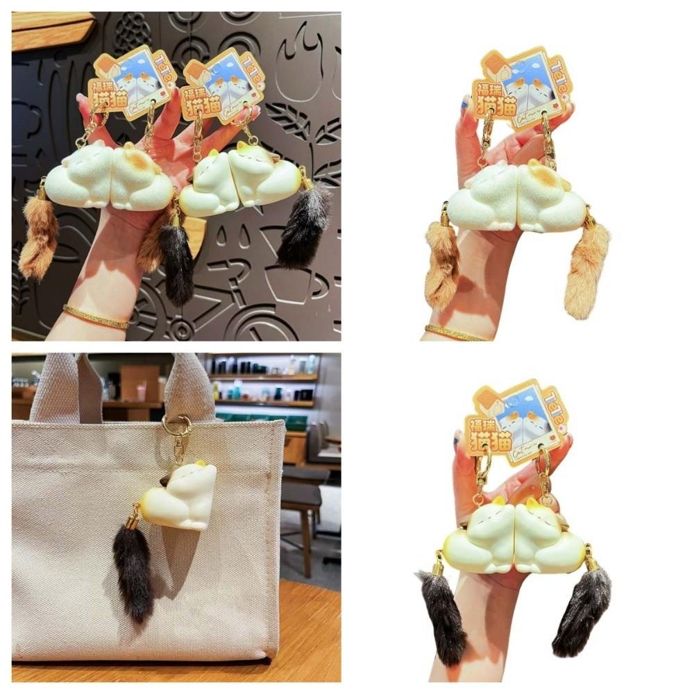 Pom Accessories Couple Cat Key Chain Cartoon Mink Fur Cat Keyring Long Tail Cat Pendant  Car Decor