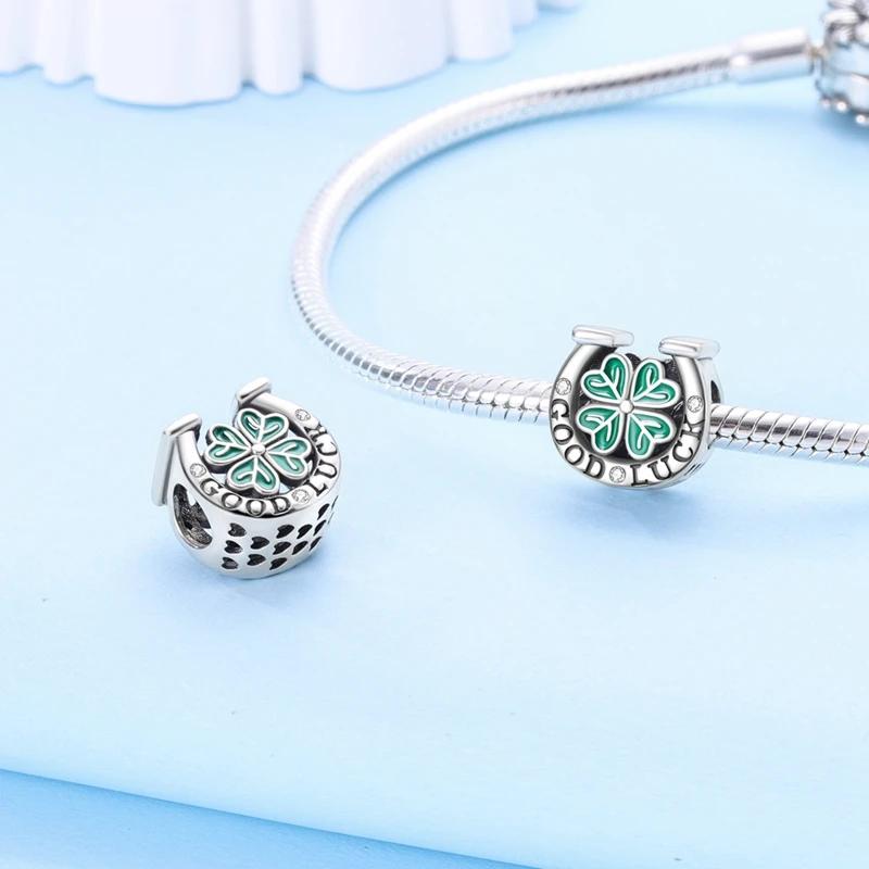 Silver S925 Lucky Charms Colorful Four-leaf Clover Horseshoe Beads Fit Original Bracelets for Women Party Fine Gifts DIY