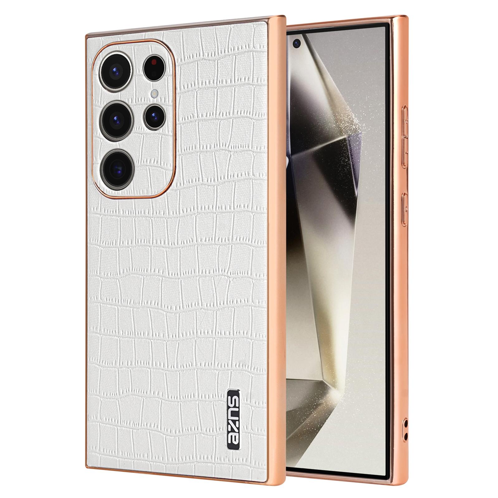 

AZNS For Samsung Galaxy S23 Ultra Case Electroplated Crocodile Texture Leather+TPU Phone Cover White