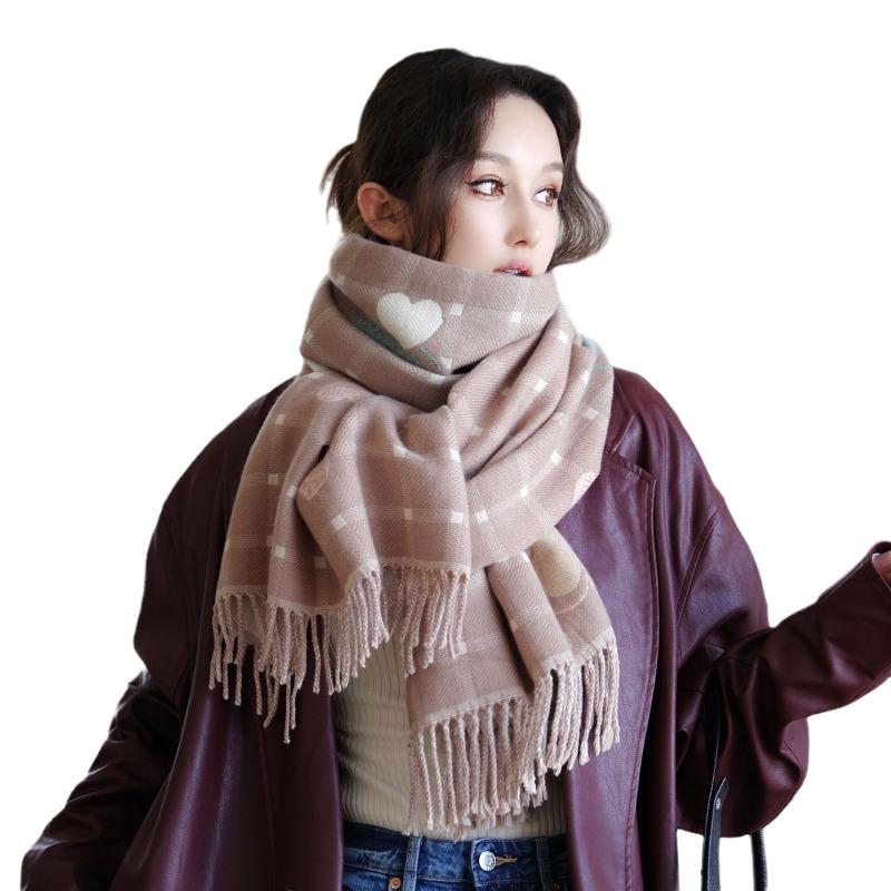 Love plaid double-sided color matching imitation cashmere scarf women's autumn and winter new atmosphere senior fringed shawl
