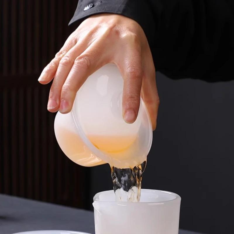 Light Luxury Glazed Three Talents Cover Bowl White Jade Household Kung Fu Tea Set Office Meeting Guest Gift Jade Porcelain