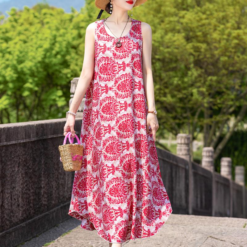 Elegant Sleeveless Dress Summer Fashion Casual Loose Vintage Print Long Dresses for Women Summer Clothes