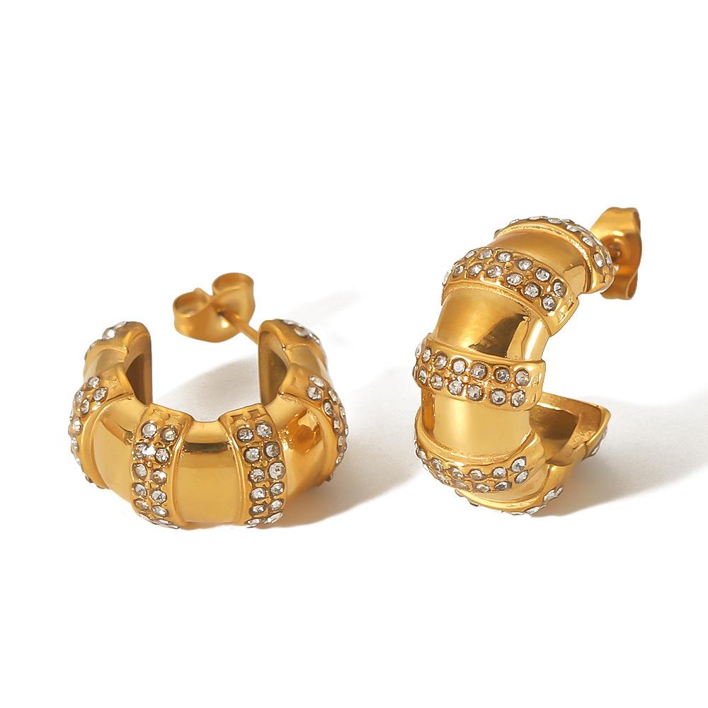 C-shaped bamboo bread with diamonds titanium steel earrings for women's light luxury high-end 18k gold stainless steel earrings