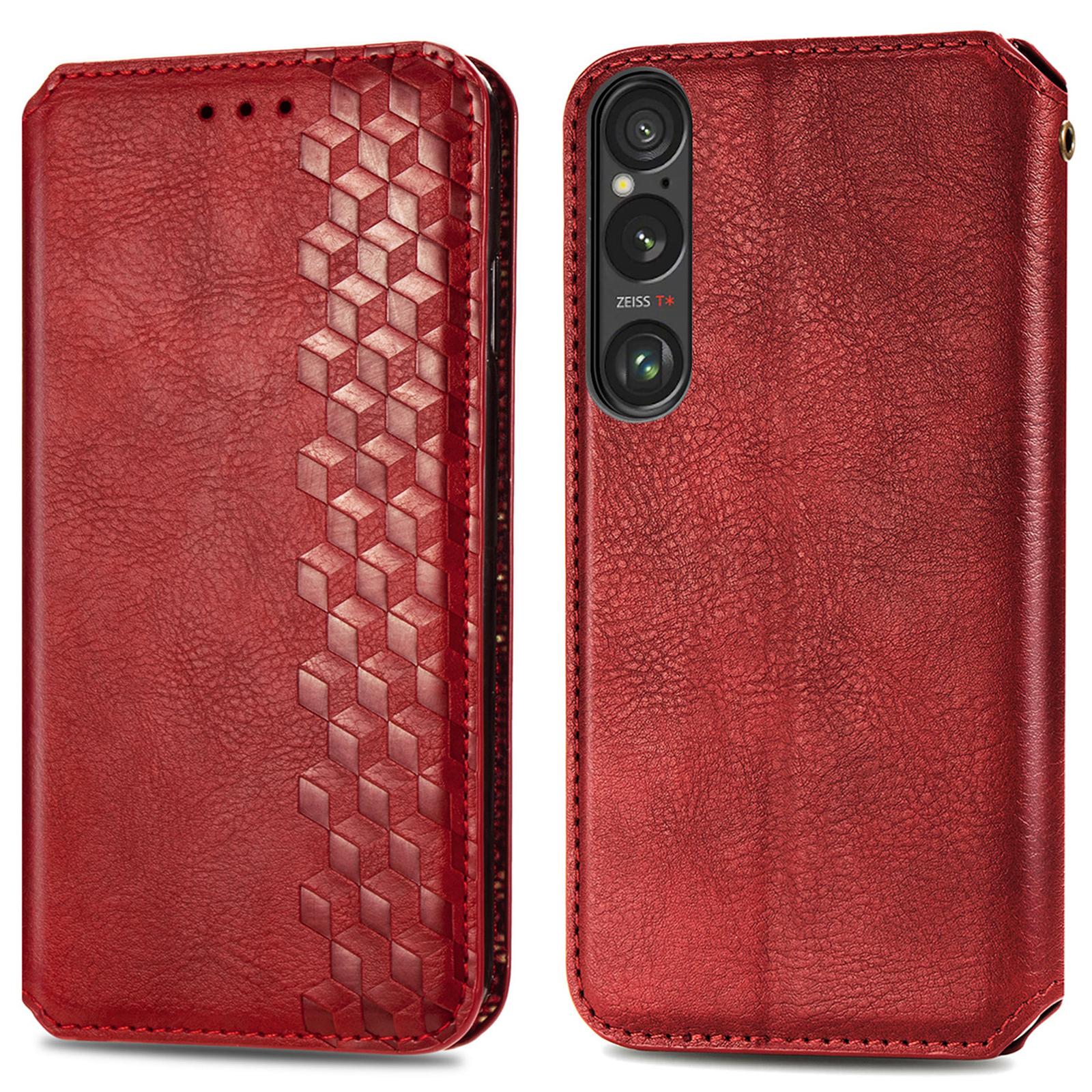 

For Sony Xperia 1 VI PU Leather Case Rhombus Imprint Wallet Stand Phone Cover Red